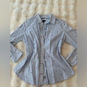 Talbots Pinstripe & Hearts Classic Button Down Shirt, Small 100% Cotton